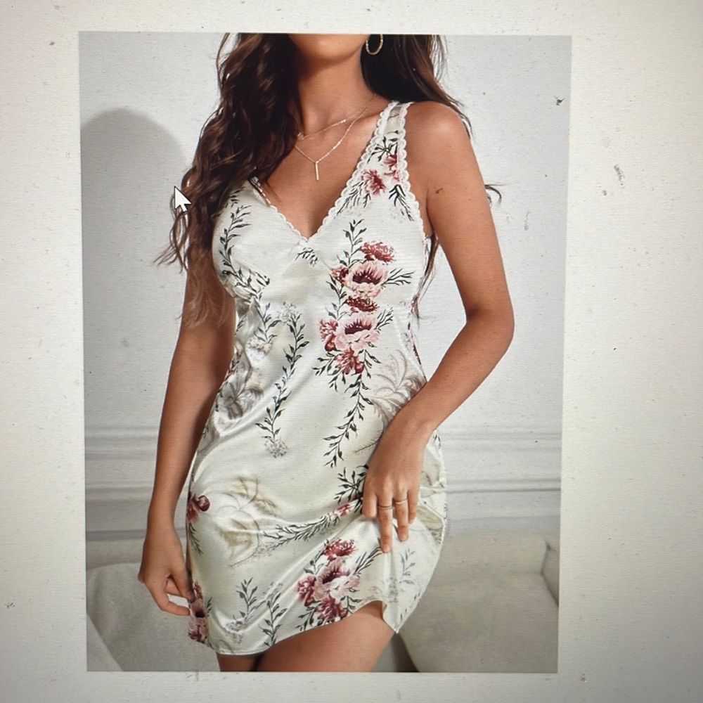 Shein Floral Print Lace Trim Satin Nightdress BNWOT